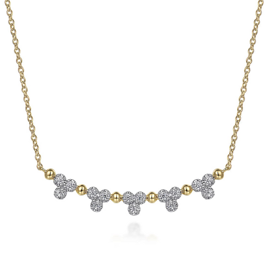 14K Yellow Gold Bujukan Bar Necklace with Diamond Trio Stations