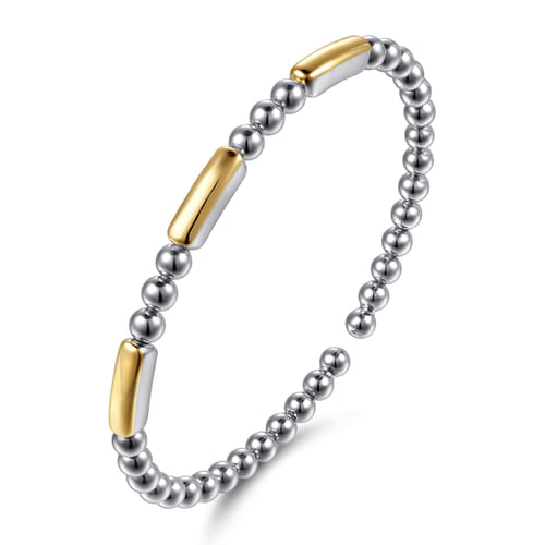 14K Yellow Gold and Sterling Silver Three Station Bar Bujukan Bangle Bracelet