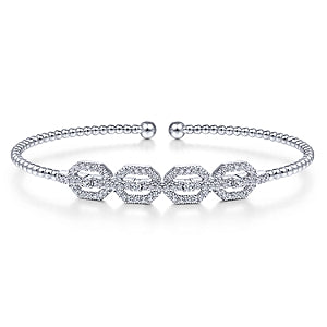 14K White Gold Bujukan Bead Cuff Bracelet with Diamond Pave Links