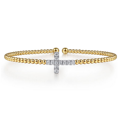 14K White and Yellow Gold Bijukan and Diamond Cross Split Bangle Bracelet