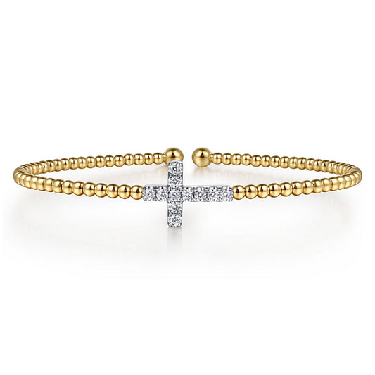 14K White and Yellow Gold Bijukan and Diamond Cross Split Bangle Bracelet