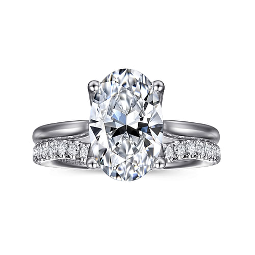 14K White Gold Oval Lotus Diamond Engagement Ring