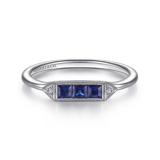 14K White Gold Diamond and Trio Princess Cut Sapphire Ladies Ring