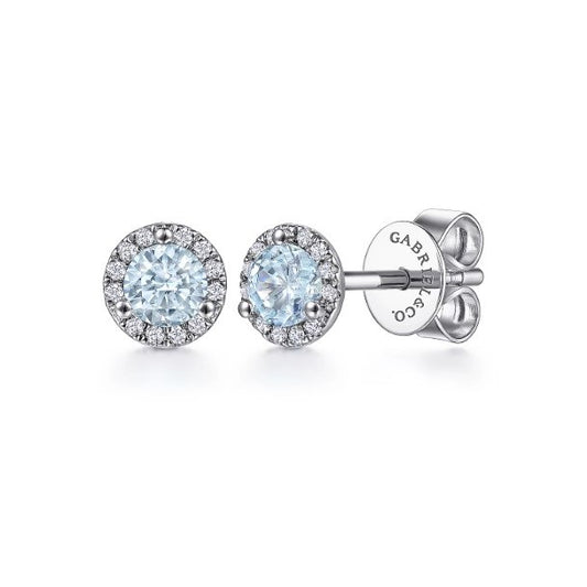 Gabriel & Co | 14K White Gold Halo Aquamarine and Diamond Stud Earrings