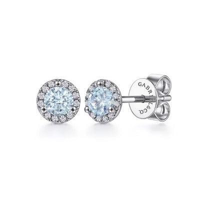 14K White Gold Halo Aquamarine and Diamond Stud Earrings