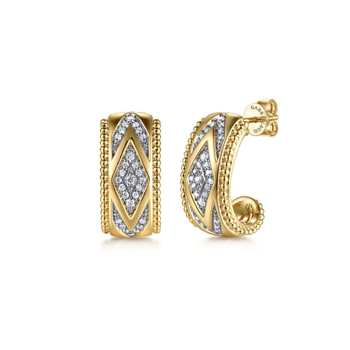 14K Yellow Gold Bujukan Diamond J Hoop Stud Earrings - 0.24 carats