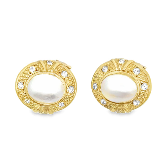 Kirkland Jewelry Estate | 18K Yellow Gold Diamond and Pearl Clip-On Stud Earrings