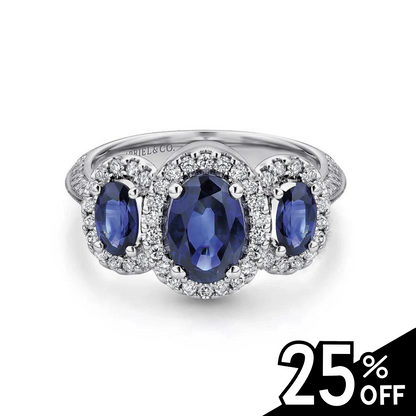 14K White Gold Three Row Halo Sapphire and Diamond Ring