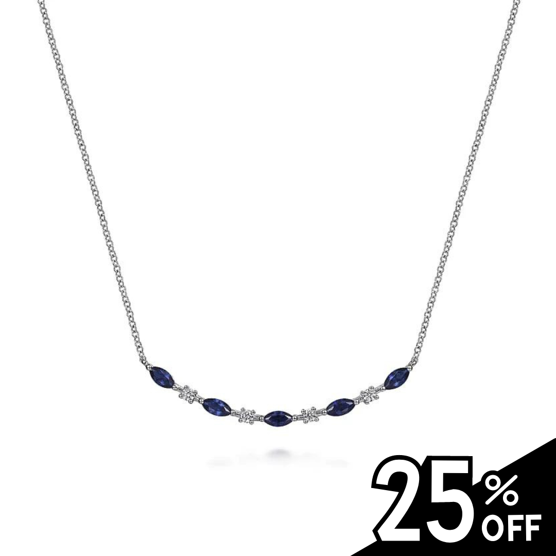 14K White Gold Diamond and Marquise Blue Sapphire Bar Necklace