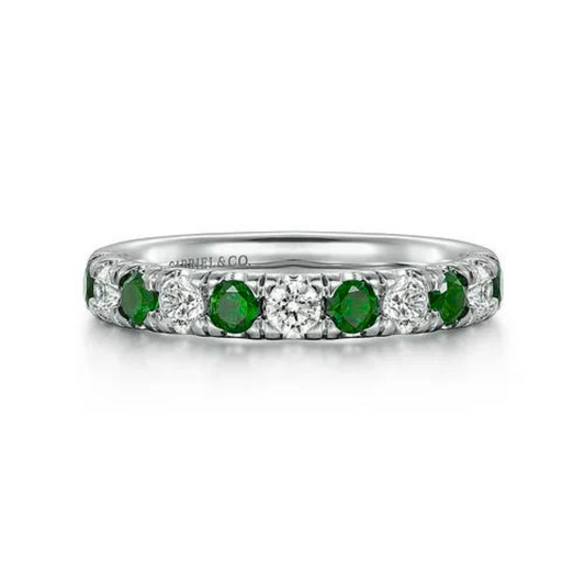 14K White Gold Stackable Emerald and Diamond Ring