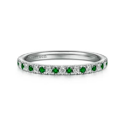 14K White Gold Thin Stackable Emerald and Diamond Ring