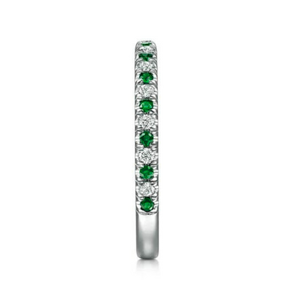 14K White Gold Thin Stackable Emerald and Diamond Ring