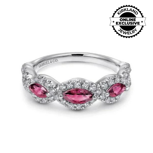 Gabriel & Co | 14K White Gold Twisted Diamond Rows and Ruby Marquise Stones Ring