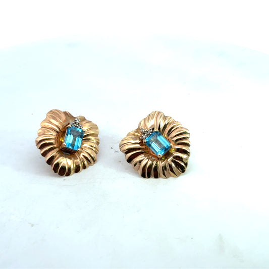 Kirkland Jewelry Estate - 14K Yellow Gold Blue Topaz and Diamond Earrings