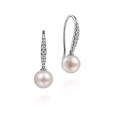 Gabriel & Co | 14K White Gold Diamond and Pearl Fish Wire Drop Earrings
