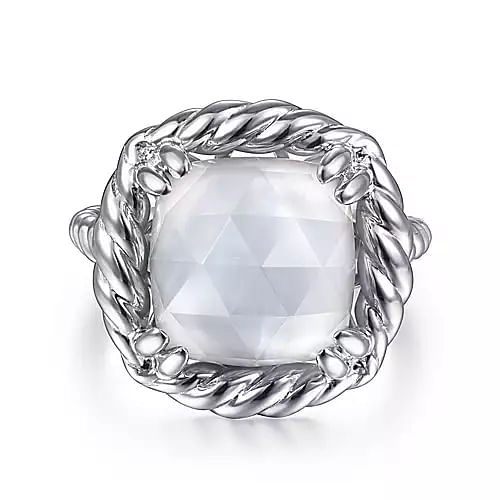 925 Sterling Silver Rope Rock Crystal and White Mother of Pearl Signet Ring