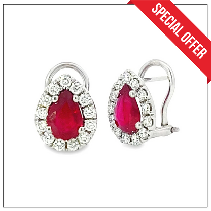 Diamond Halo and Ruby Pear Shaped Earrings
