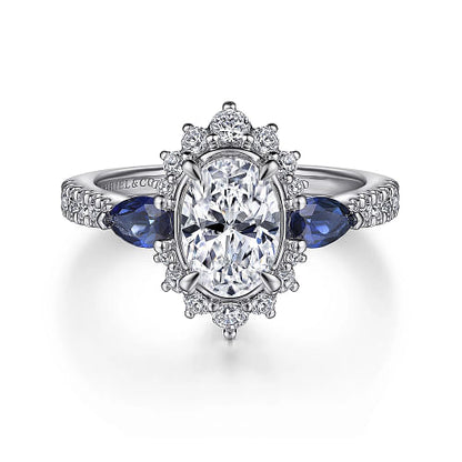 Gabriel & Co | June - 14K White Gold Fancy Three Stone Halo Sapphire and Diamond Engagement Ring