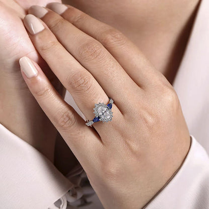 Gabriel & Co | June - 14K White Gold Fancy Three Stone Halo Sapphire and Diamond Engagement Ring