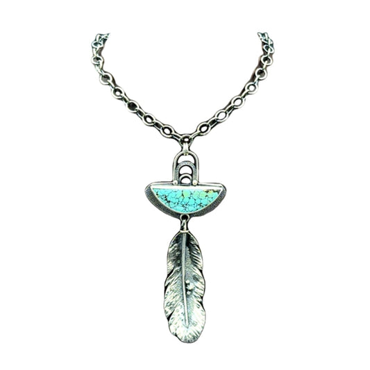 Long Sterling Silver Feather and Turquoise Necklace