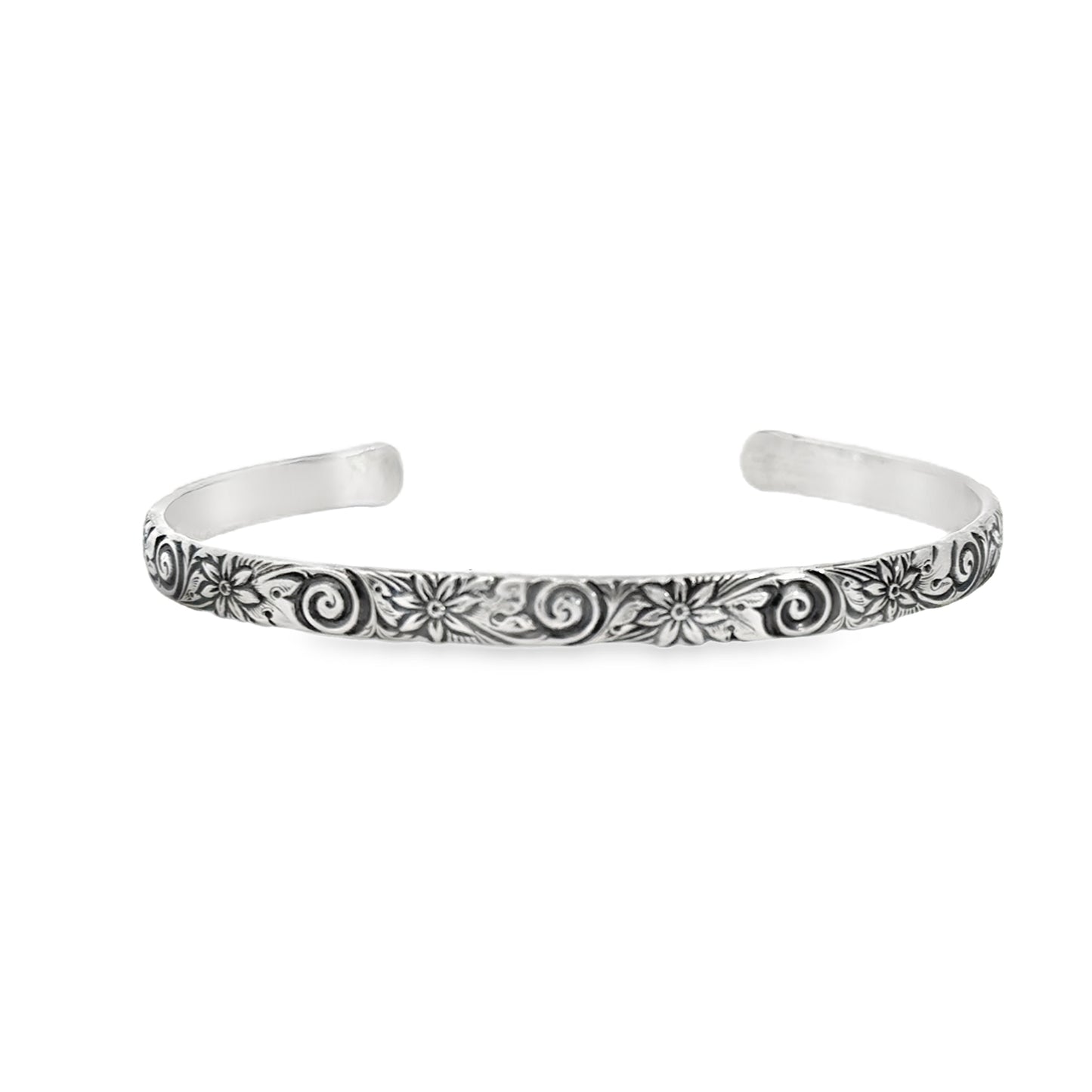 Sterling Silver Hand Stamped Floral Cuff Bracelet