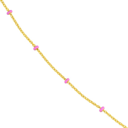 14K Yellow Gold and Baby Pink Enamel Bead Saturn Chain Necklace