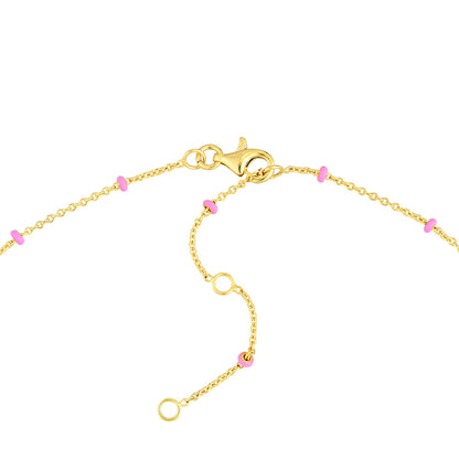 14K Yellow Gold and Baby Pink Enamel Bead Saturn Chain Necklace