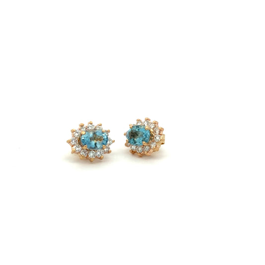 Kirkland Jewelry Estate - 14K Yellow Gold Aquamarine and Diamond Stud Earrings