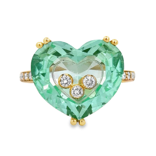 Kirkland Jewelry Estate | 18K Yellow Gold Chopard Green Crystal Heart Ring with Diamonds