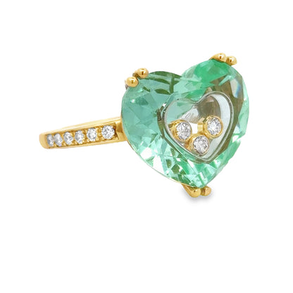 Kirkland Jewelry Estate | 18K Yellow Gold Chopard Green Crystal Heart Ring with Diamonds