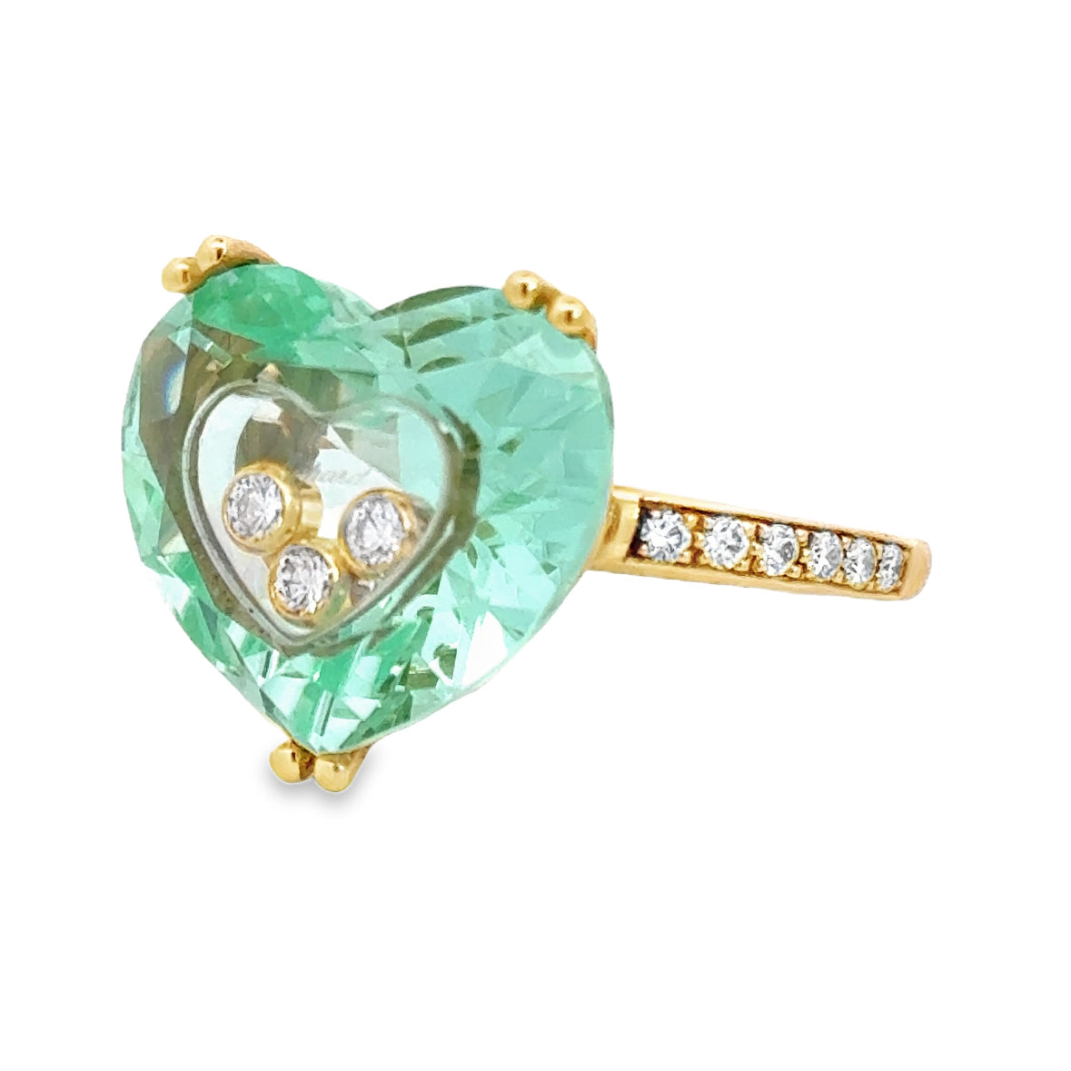 Kirkland Jewelry Estate | 18K Yellow Gold Chopard Green Crystal Heart Ring with Diamonds