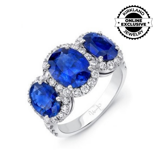 Uneek | Oval Sapphire Three-Stone Three-Halo Engagement Ring