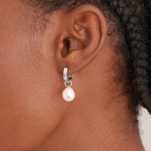 Ania Haie | Silver Pearl Drop Sparkle Huggie Hoop Earrings