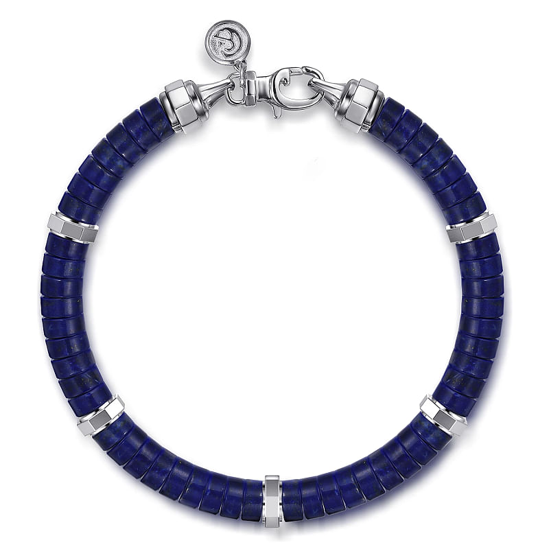 Sterling Silver Lapis Cylinder Beaded Bracelet