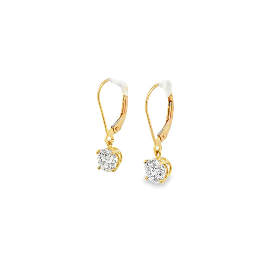 14K Yellow Gold Diamond Dangle Solitaire Earrings Estate - 1.75 CT