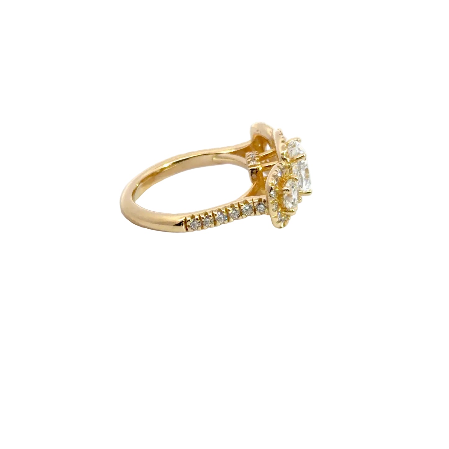 Kirkland Jewelry Estate | 14K Yellow Gold Three Stone Halo Style Ring with Lab Grown Center