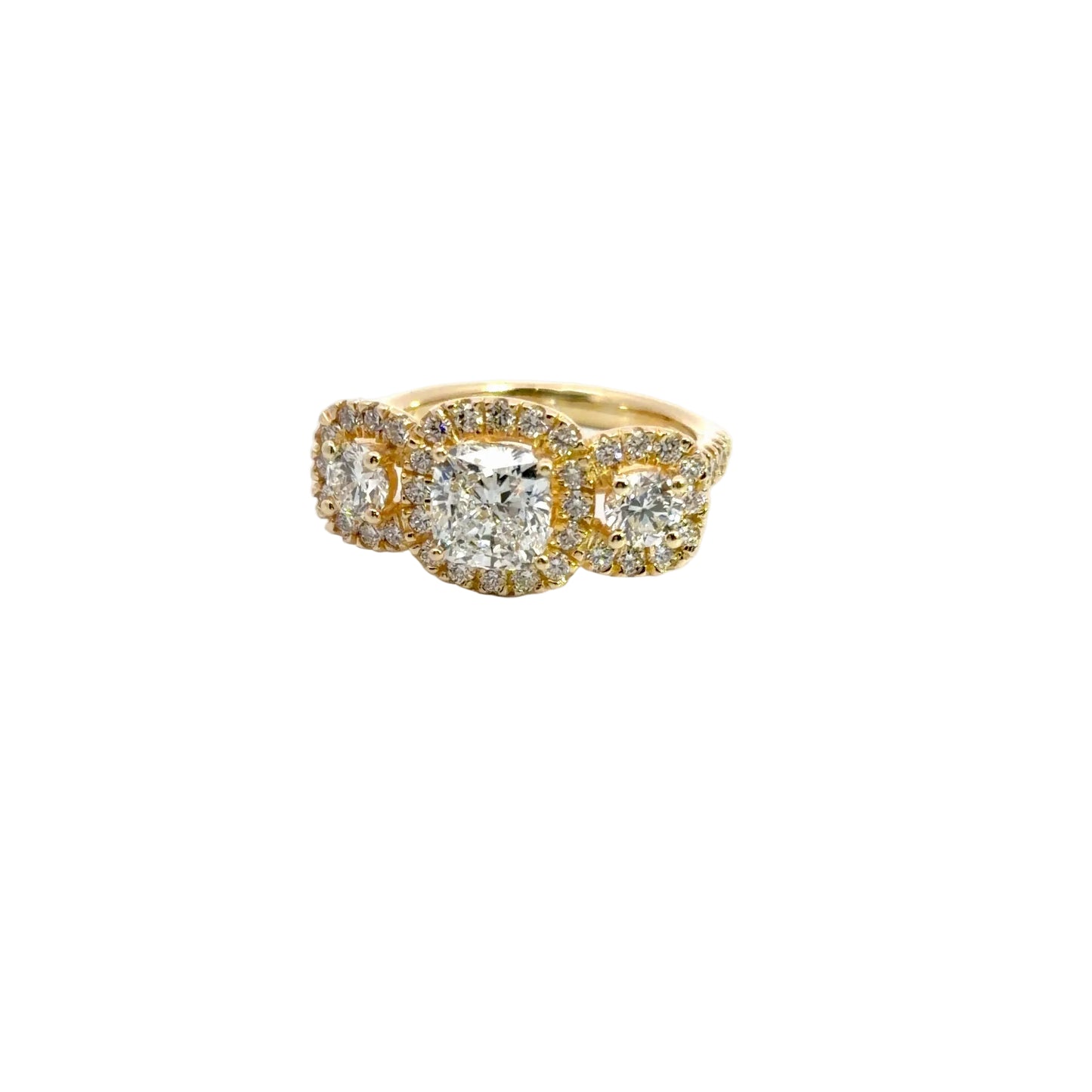 Kirkland Jewelry Estate | 14K Yellow Gold Three Stone Halo Style Ring with Lab Grown Center