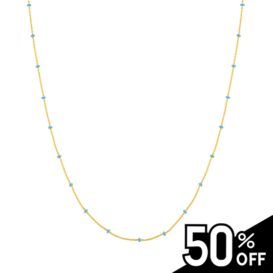 14K Yellow Gold and Baby Blue Enamel Bead Saturn Chain Necklace