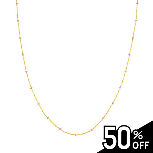 14K Yellow Gold and Baby Pink Enamel Bead Saturn Chain Necklace