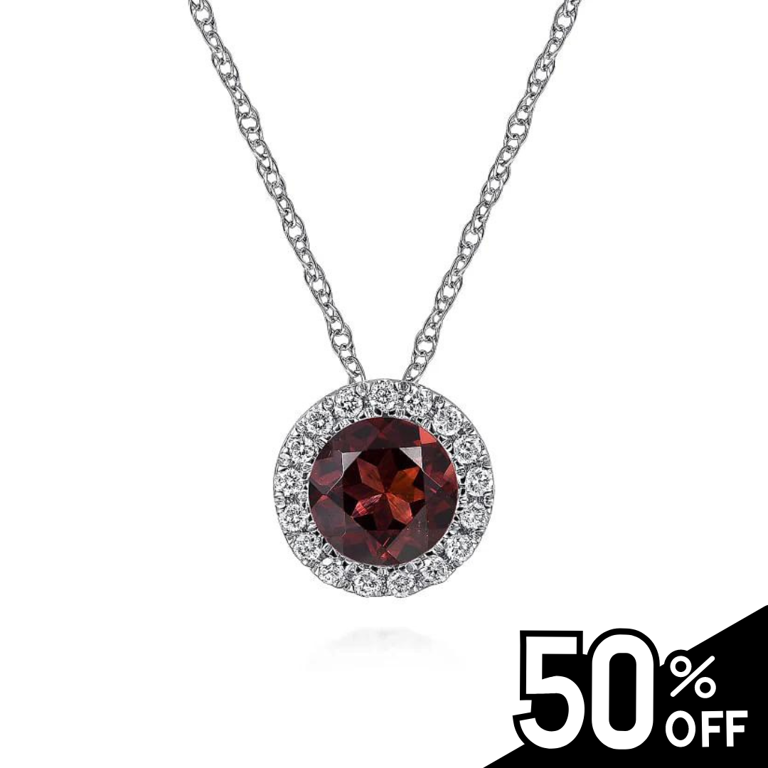 14K White Gold Garnet and Diamond Halo Pendant Necklace