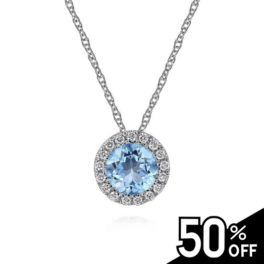 14K White Gold Blue Topaz and Diamond Halo Pendant Necklace