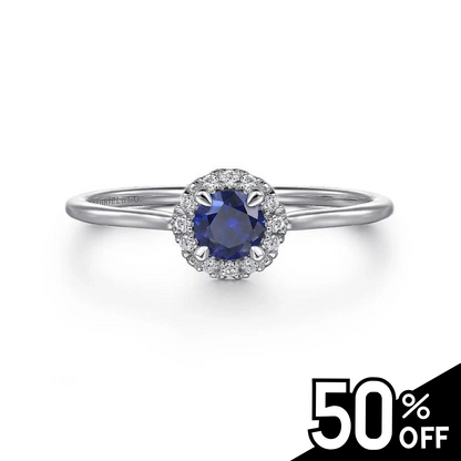 14K White Gold Blue Sapphire and Diamond Halo Promise Ring