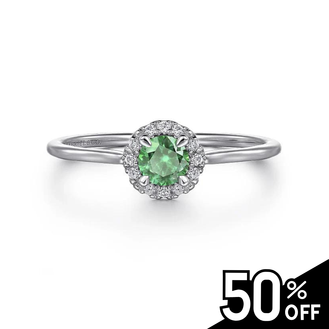 14K White Gold Emerald and Diamond Halo Promise Ring