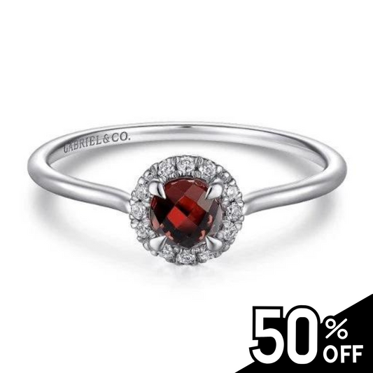 14K White Gold Garnet and Diamond Halo Promise Ring