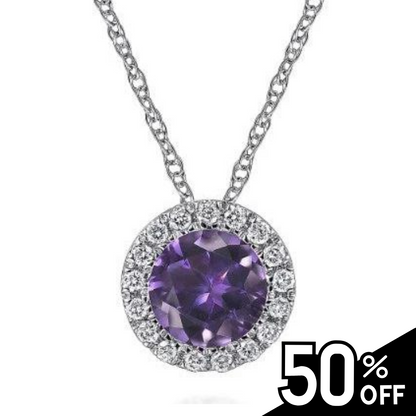 14K White Gold Amethyst and Diamond Halo Pendant Necklace