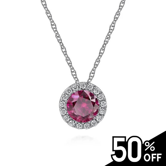 14K White Gold Ruby and Diamond Halo Pendant Necklace