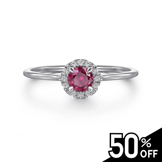 14K White Gold Ruby and Diamond Halo Promise Ring