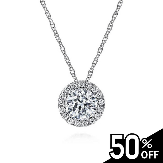 14K White Gold Round White Sapphire and Diamond Halo Necklace