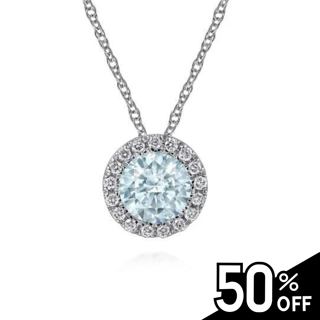 14K White Gold Aquamarine and Diamond Halo Pendant Necklace