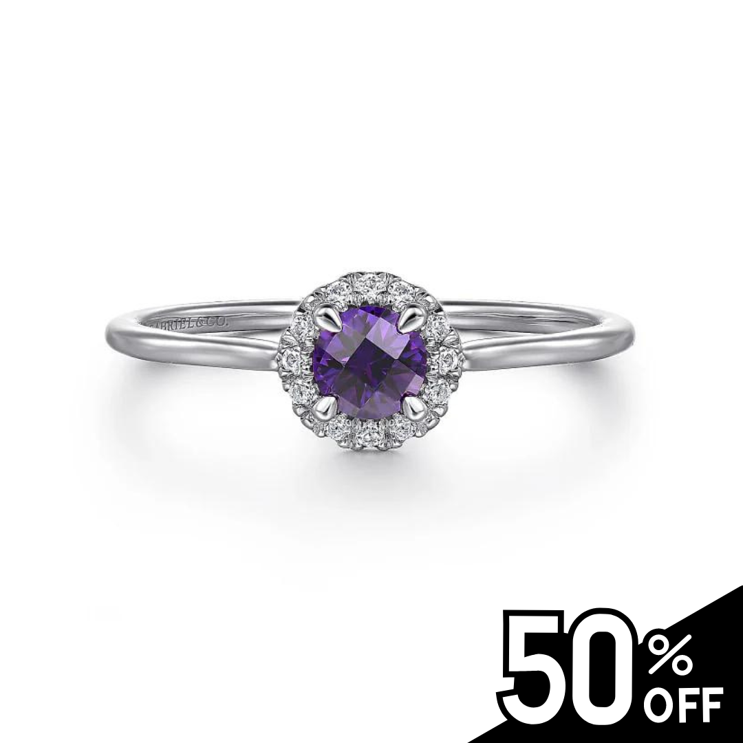 14K White Gold Amethyst and Diamond Halo Promise Ring